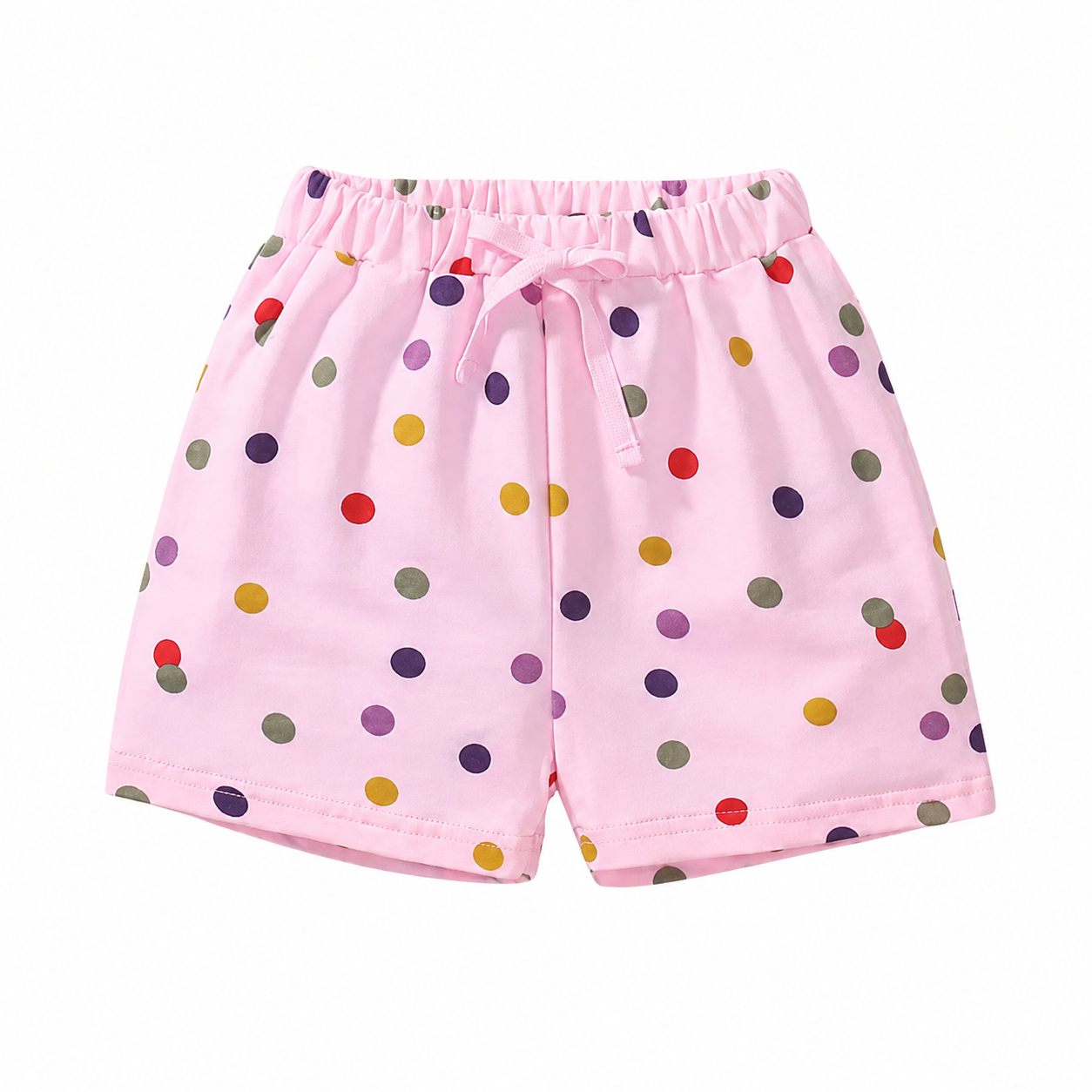 Front view of pink girls cotton shorts with colorful confetti dot print.