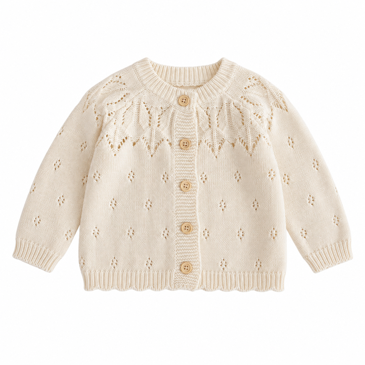 Front view of a cream girls cotton knit cardigan with five buttons, openwork leaf detailing and ribbed trim.