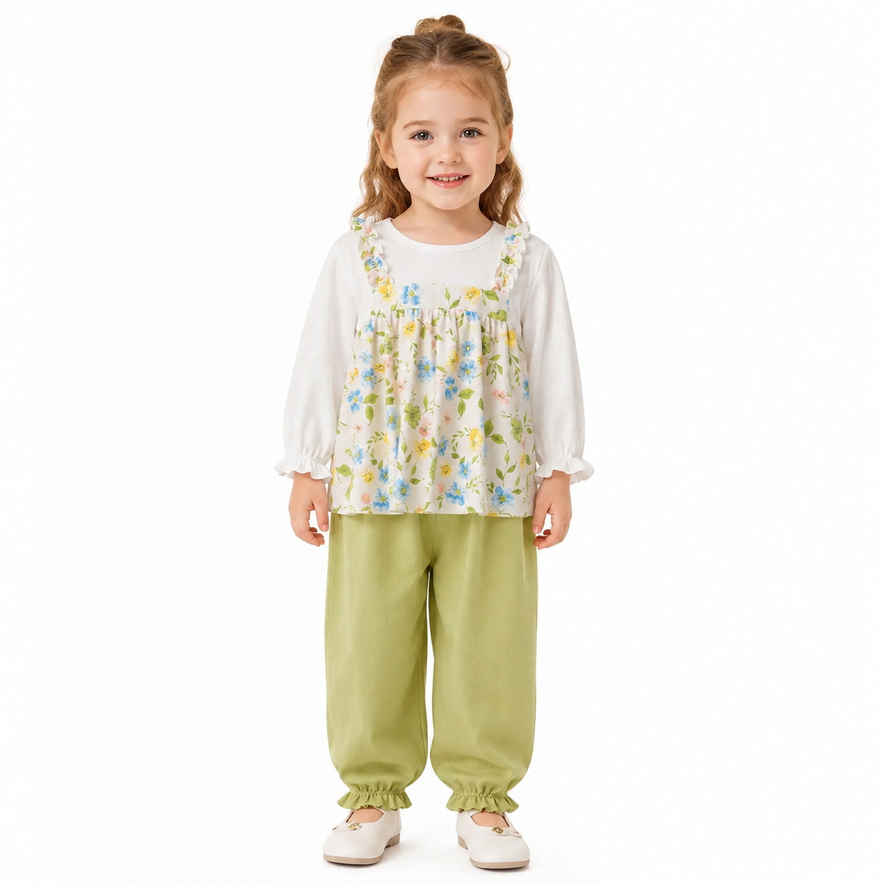 Girl model wearing a white and green cotton lounge set on a white studio background.