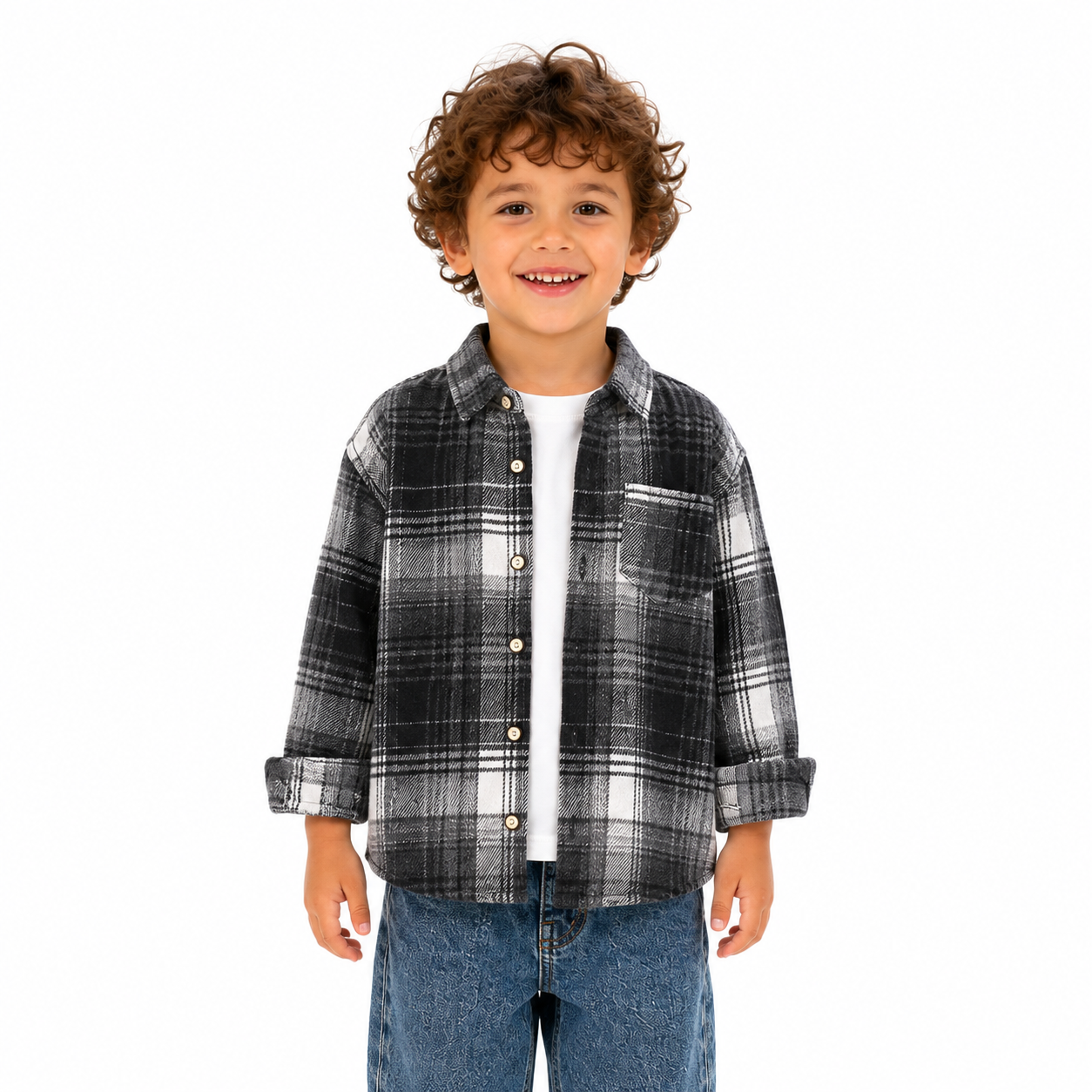 Black Gray kids plaid shirt model view