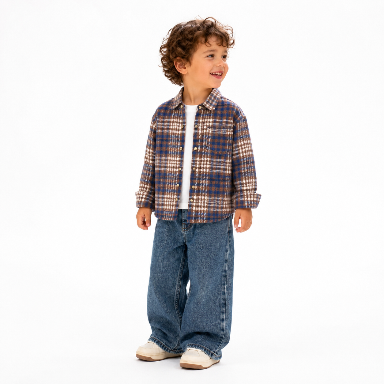 Blue Brown kids plaid shirt model view