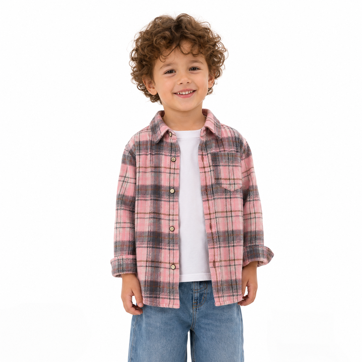 Pink kids plaid shirt model view
