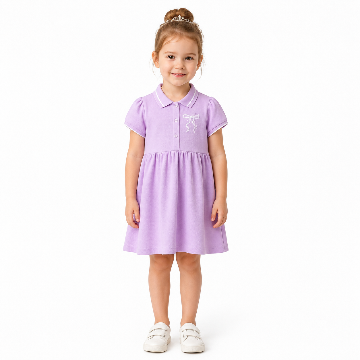 Toddler girl wearing lavender back to school polo dress on white background