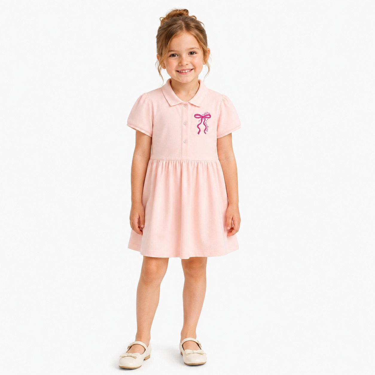 Toddler girl wearing pink back to school polo dress on white background