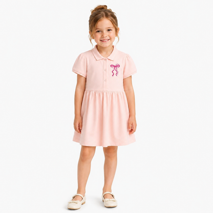 Toddler girl wearing pink back to school polo dress on white background