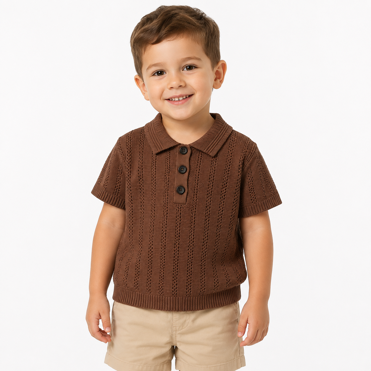 Boy wearing the chocolate-brown openwork knit polo shirt with neutral shorts on a white background.
