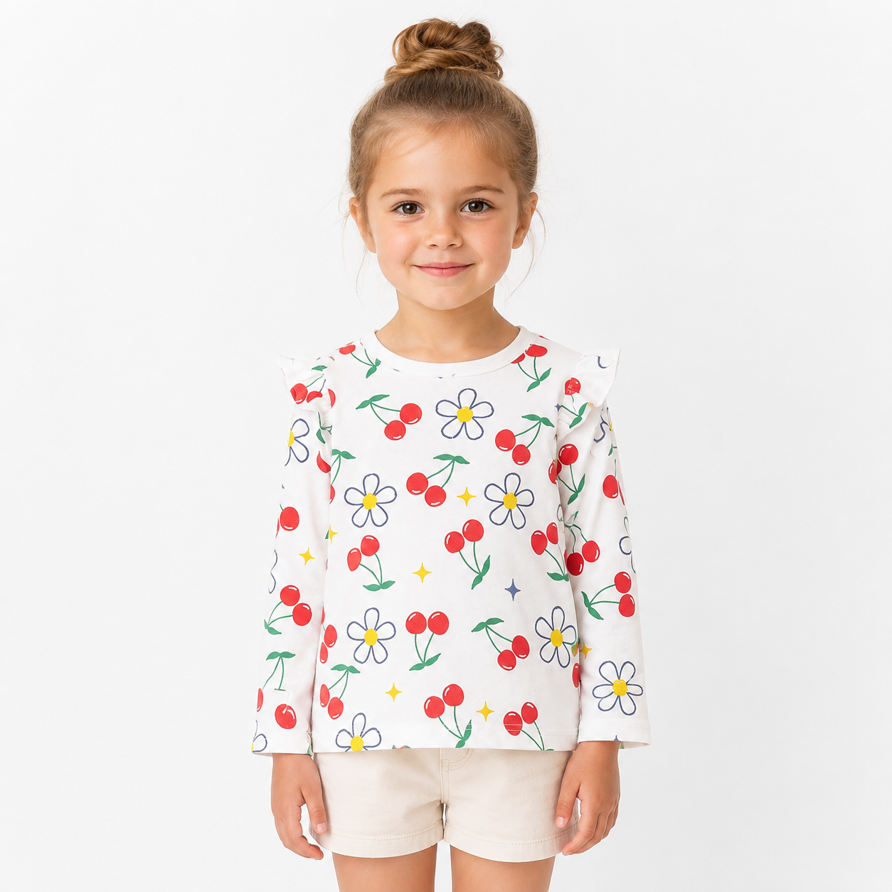 White Multicolor girls long sleeve top model view