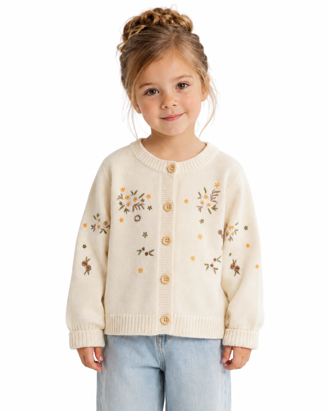 Girl wearing the cream embroidered cotton knit cardigan on a clean white studio background.