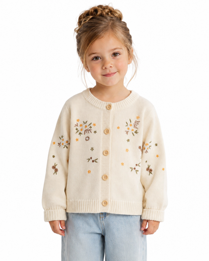Girl wearing the cream embroidered cotton knit cardigan on a clean white studio background.