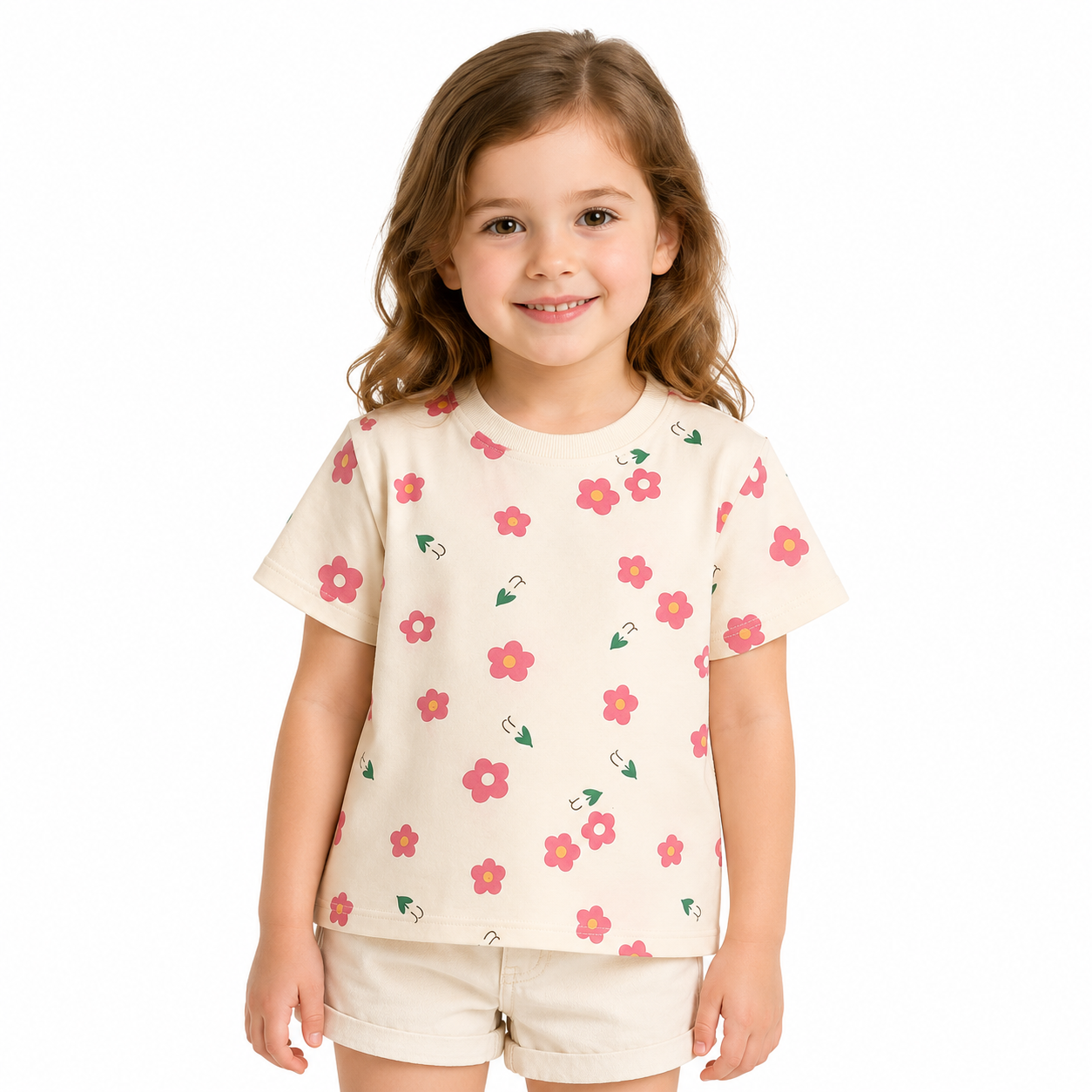 Girl model wearing a cream floral cotton t shirt on a white studio background.