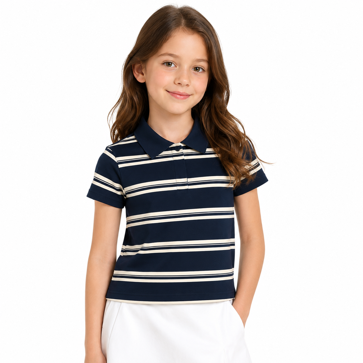 Girl model wearing a navy striped short sleeve polo top on a white studio background.