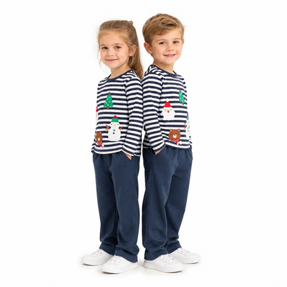 Child models wearing the navy and white striped kids cotton set on a white studio background.