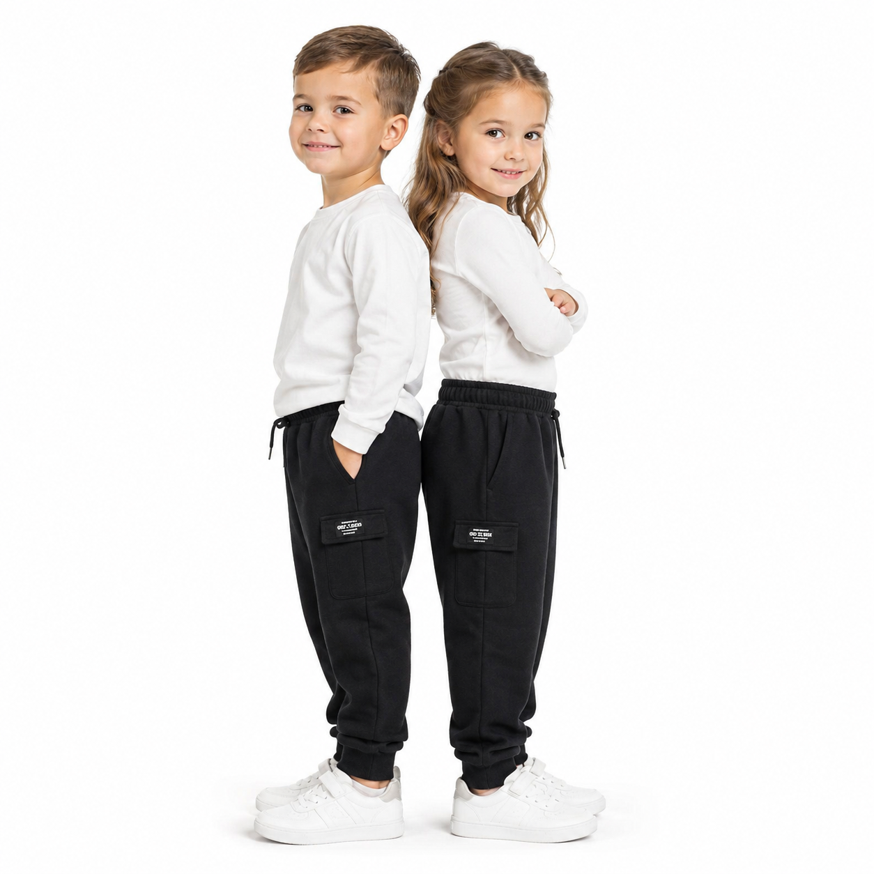 Kids wearing black cotton joggers on a white background