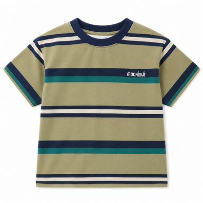 Front view of the olive boys striped cotton-blend T-shirt with navy, cream and teal horizontal stripes.