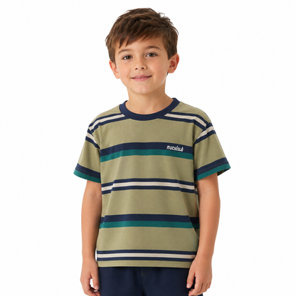 Boy wearing the olive striped cotton-blend T-shirt with a navy crew neck and short sleeves.