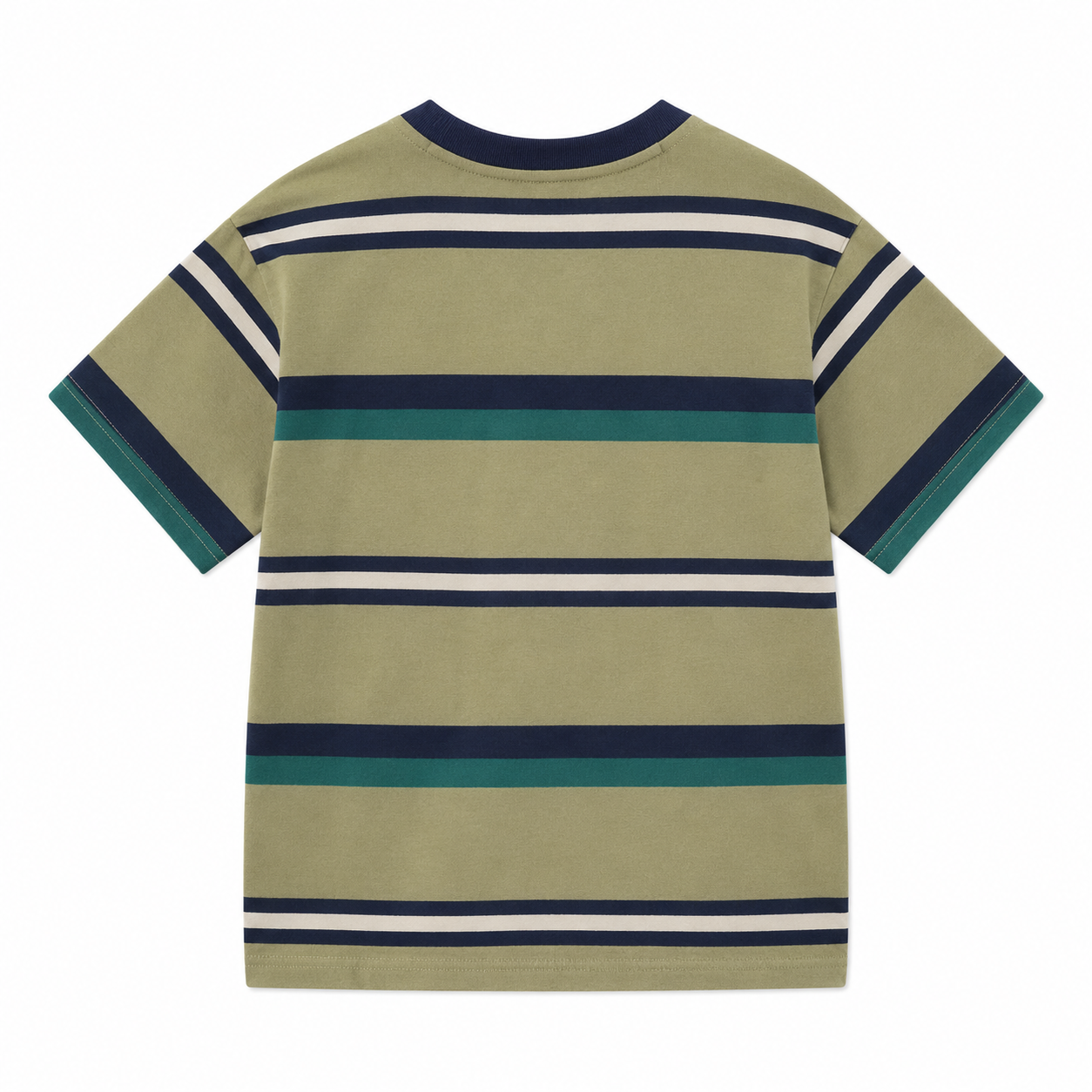 Back view of the olive boys striped short-sleeve T-shirt with navy, cream and teal stripes.