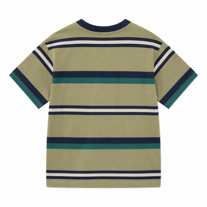 Back view of the olive boys striped short-sleeve T-shirt with navy, cream and teal stripes.