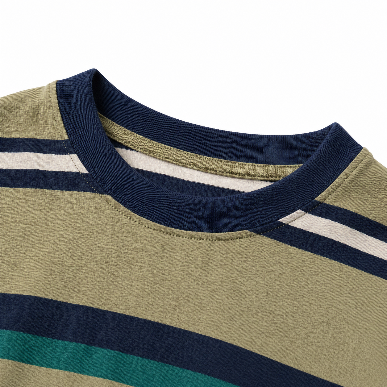 Close-up of the navy ribbed crew neckline and stitching on the olive striped boys T-shirt.
