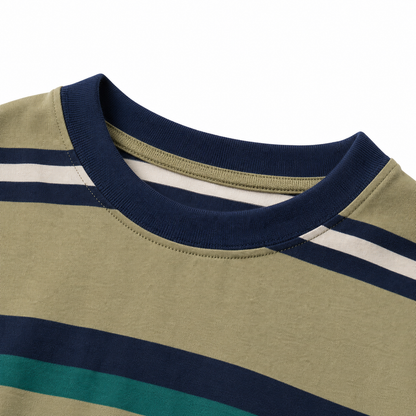 Close-up of the navy ribbed crew neckline and stitching on the olive striped boys T-shirt.