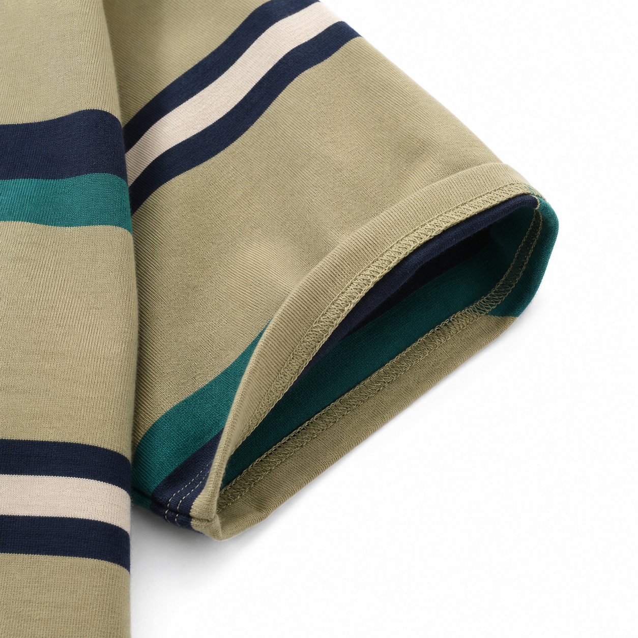 Close-up of the sleeve hem and interior stitching on the olive striped cotton-blend T-shirt.