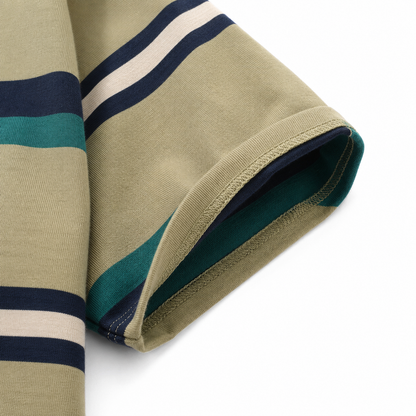 Close-up of the sleeve hem and interior stitching on the olive striped cotton-blend T-shirt.