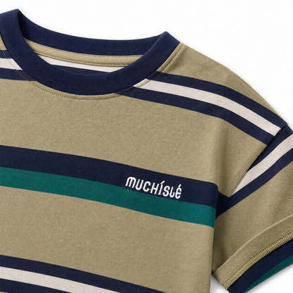 Close-up of the white embroidered chest detail on the olive, navy and teal striped T-shirt.