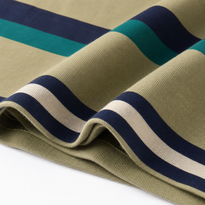 Close-up of the olive cotton-blend knit texture with navy, cream and teal stripes.