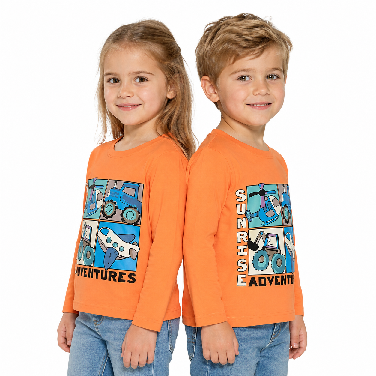 Boy and girl child models wearing the orange long sleeve vehicle graphic tee on a white studio background.