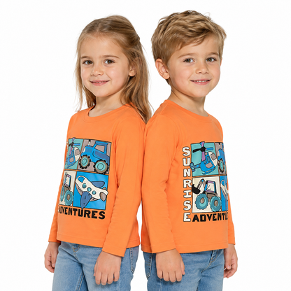 Boy and girl child models wearing the orange long sleeve vehicle graphic tee on a white studio background.