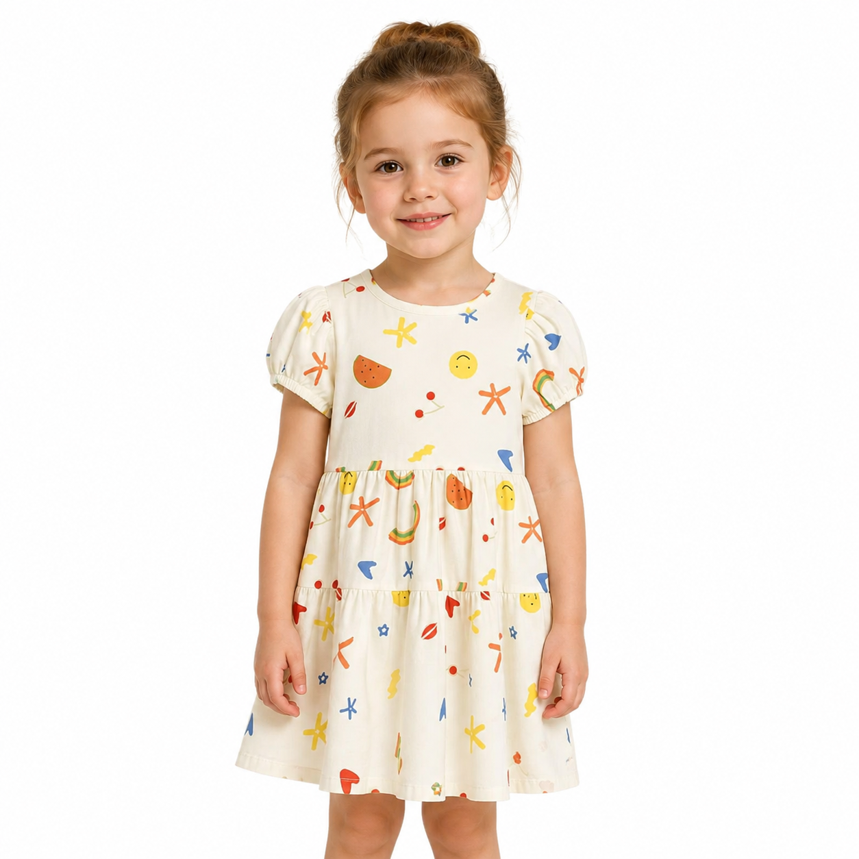 Girl model wearing a cream cotton dress with playful print.