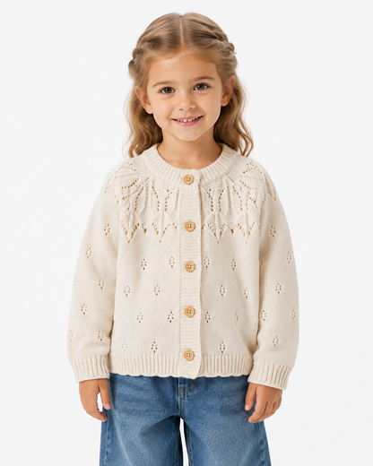 Girl wearing the cream cotton knit cardigan with an openwork yoke and button front on a white studio background.