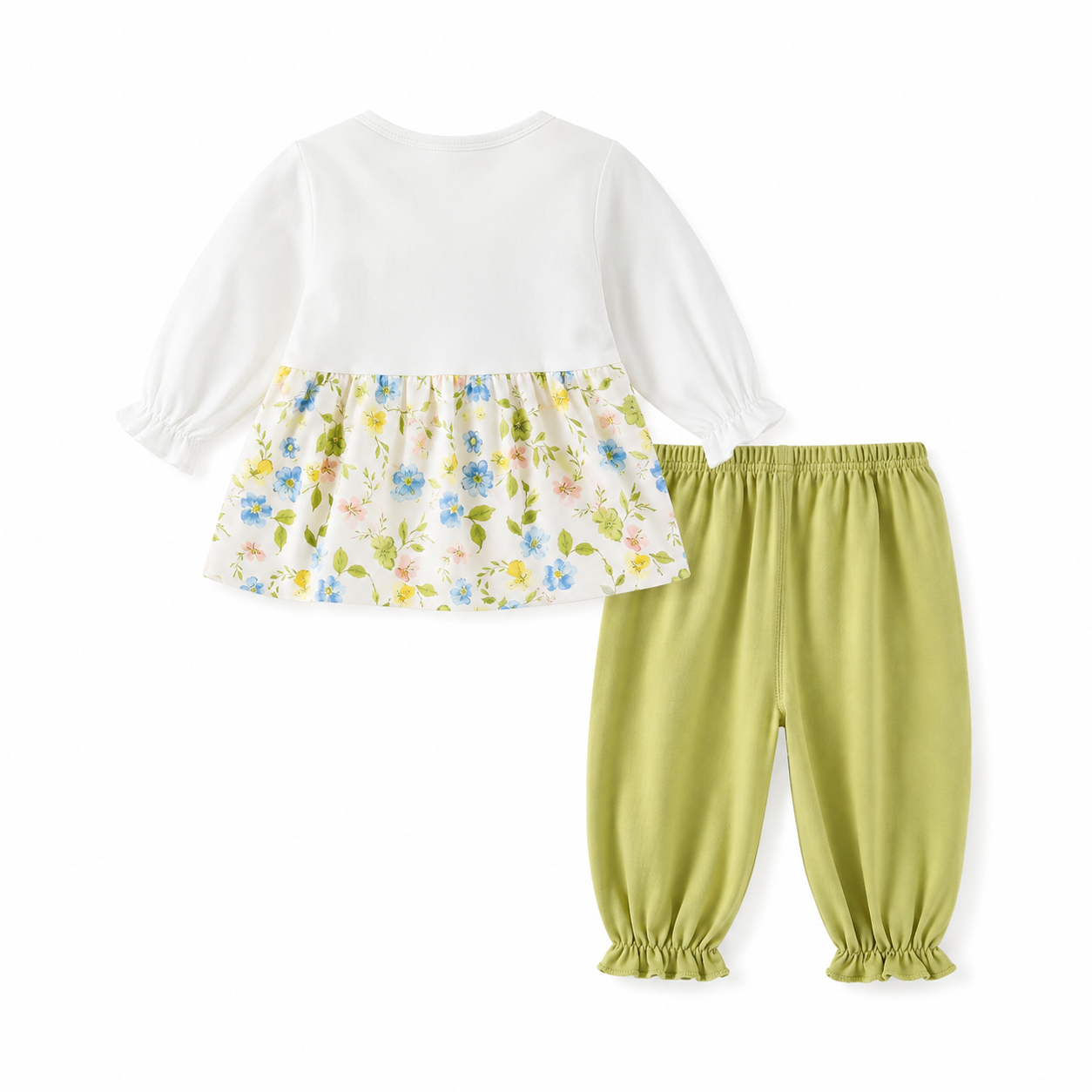 Back flat lay of a girls cotton matching set with floral top and green pants.