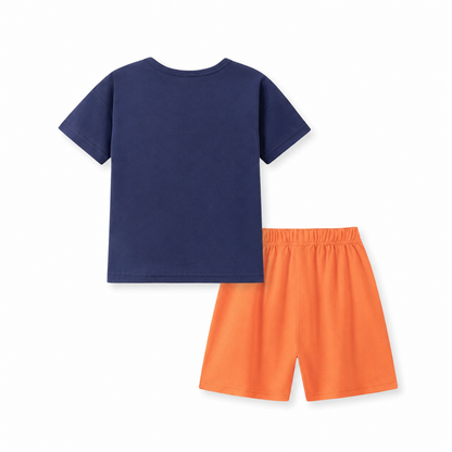 Boys navy t shirt and orange shorts set back view