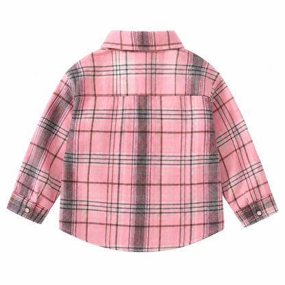 Pink kids plaid shirt back view