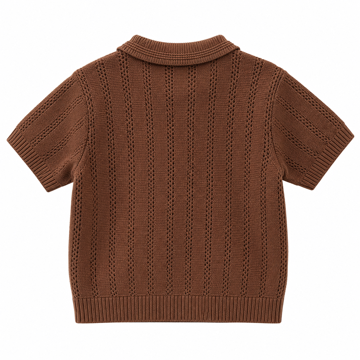 Back view of the chocolate-brown boys short-sleeve polo with vertical openwork knit texture.