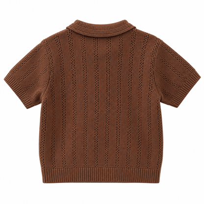 Back view of the chocolate-brown boys short-sleeve polo with vertical openwork knit texture.