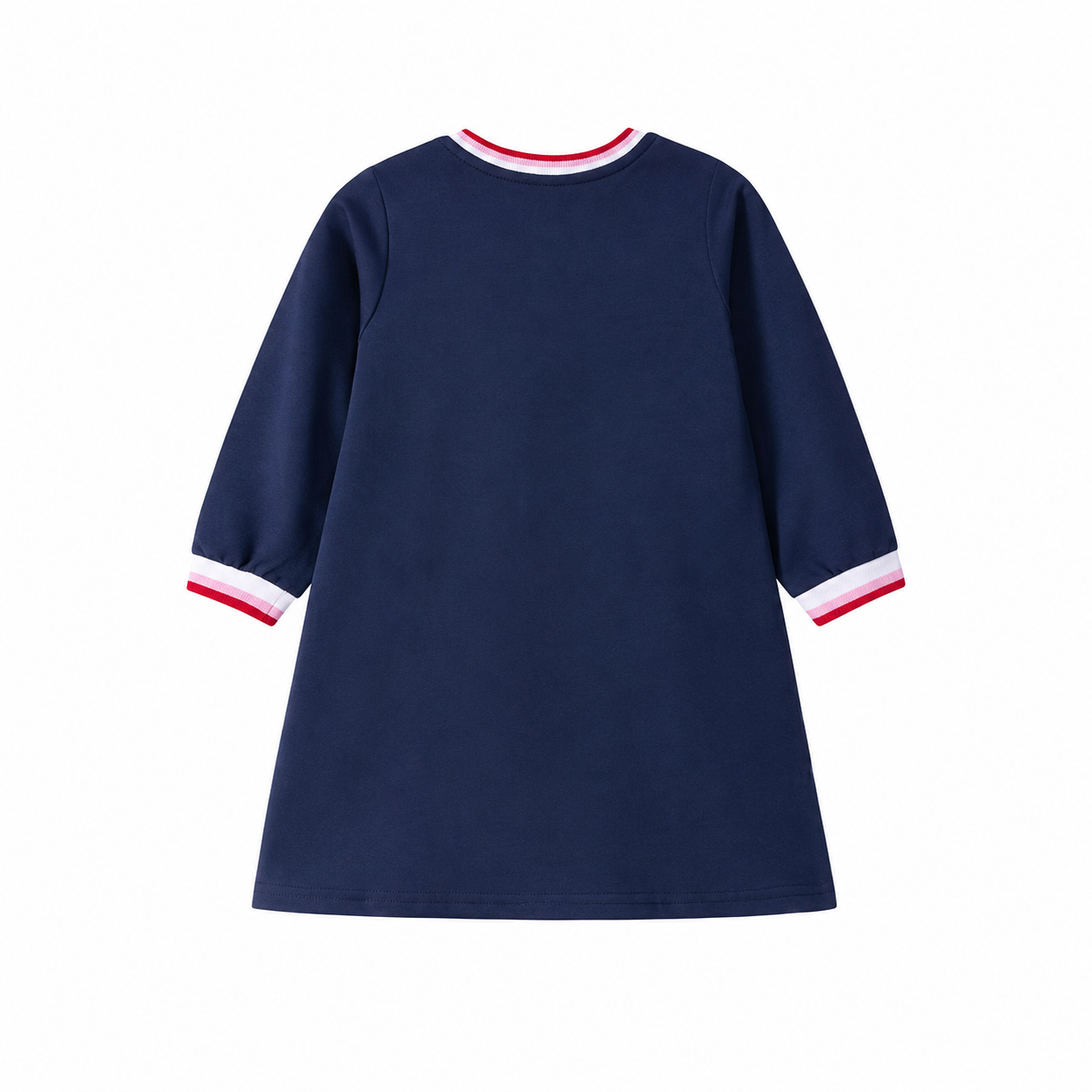 Back view of the plain navy girls long sleeve A-line dress.