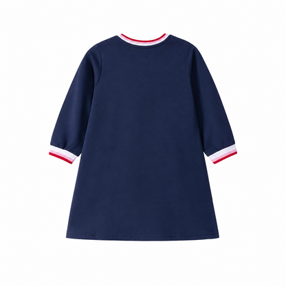 Back view of the plain navy girls long sleeve A-line dress.
