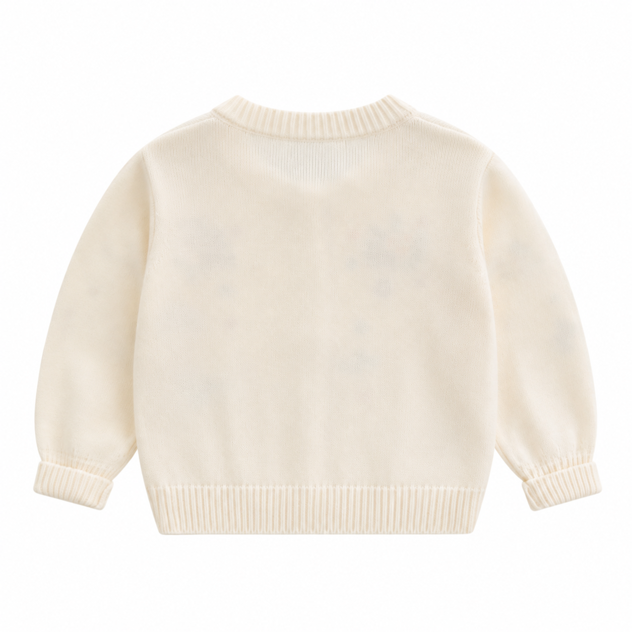 Back view of the cream girls cotton knit cardigan with long sleeves and ribbed trim.