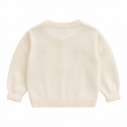 Back view of the cream girls cotton knit cardigan with long sleeves and ribbed trim.