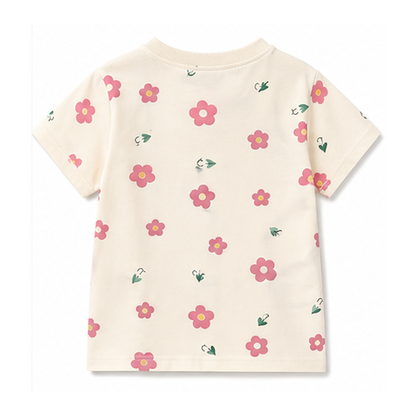 Back flat lay of a cream girls floral cotton tee on a white background.