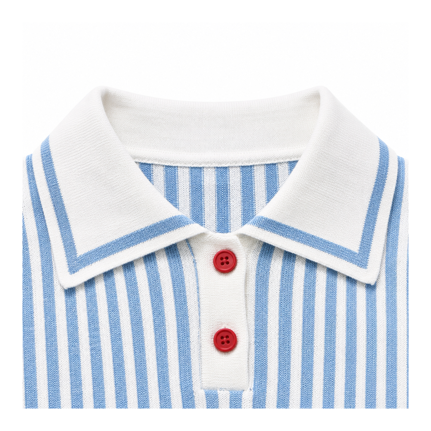 Close-up of the white polo collar, blue edging and red button placket on the boys knit top.