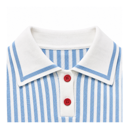 Close-up of the white polo collar, blue edging and red button placket on the boys knit top.