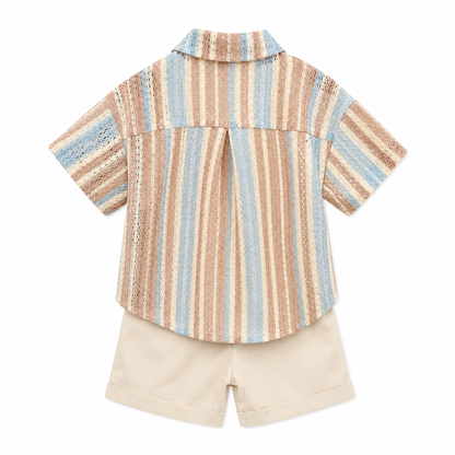 Back flat lay of boys pastel stripe shirt and shorts set.