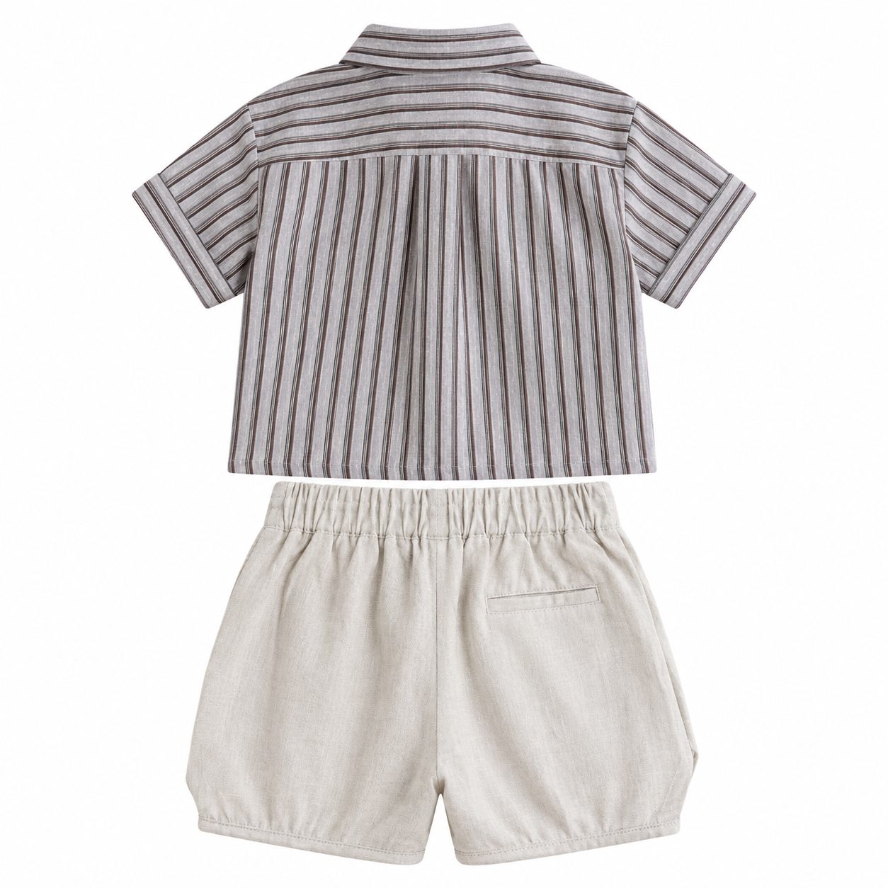 Back flat lay of boys striped shirt and shorts set.