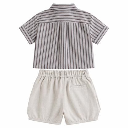 Back flat lay of boys striped shirt and shorts set.