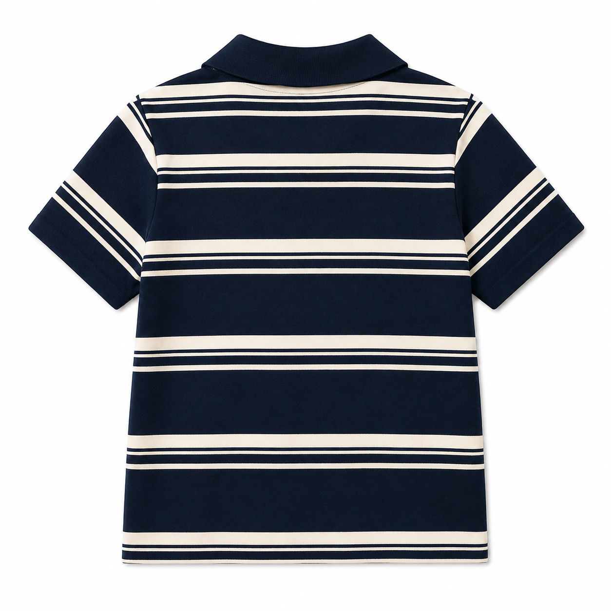 Back flat lay of a navy striped girls polo top with short sleeves on a white background.