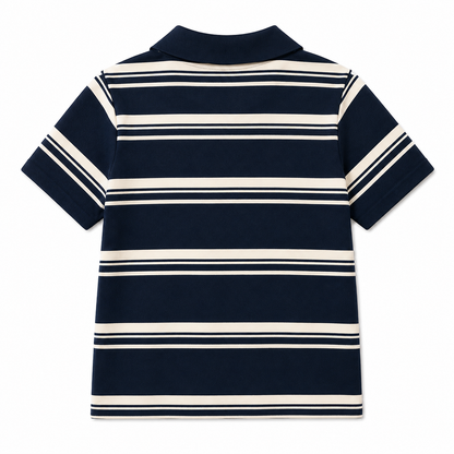 Back flat lay of a navy striped girls polo top with short sleeves on a white background.
