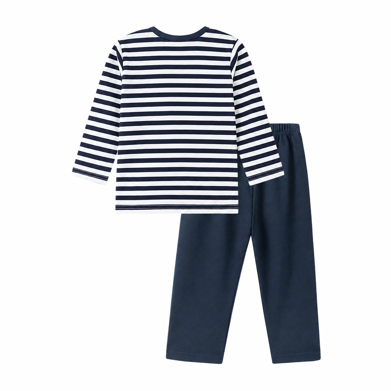 Back view of the navy and white striped kids cotton set with matching pants.