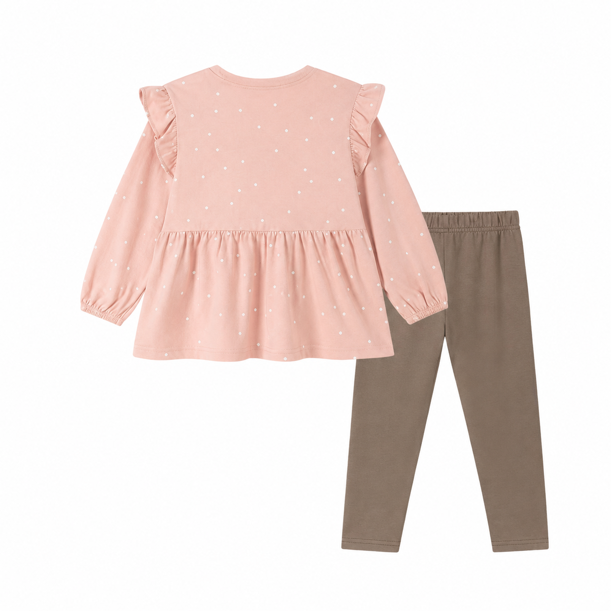 Back flat lay view of a blush pink and taupe girls cotton two piece set with long sleeves and slim pants.